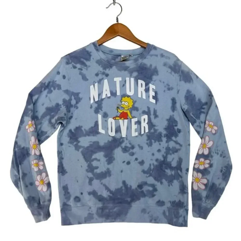 Lisa Simpson Nature Lover Graphic Pullover Sweatshirt Womens MEDIUM Blue Tie-Dye